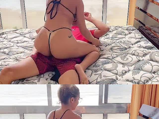 Nasty Blond Cumming for the Large Dude - Squirt Overlooking the Beach