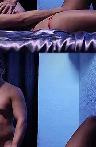 Romantic Night in Red Lingerie on Blue Satin Sheets: Making Love