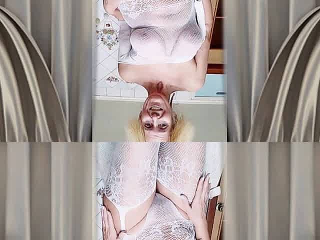 Hot Housewife Lukerya Flirts in an Open Transparent White Jumpsuit in the Kitchen
