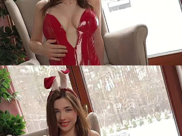 Sexy angel in red bunny dress is mad to make u fully relaxed