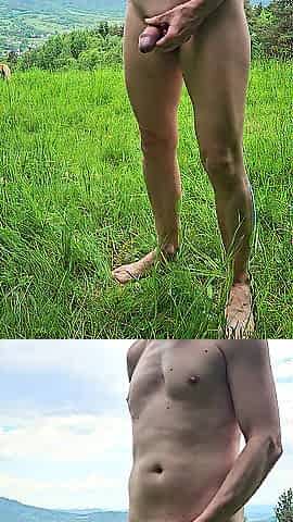 exposed dude pees and masturbates in public, ejaculating in a mountain meadow