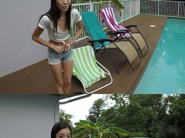 Flat chested Asian chick Vina Sky gives a blowjob and gets laid by the poolside