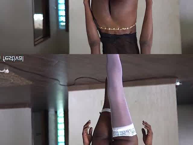Slim black bitch with hawt legs and hairless twat