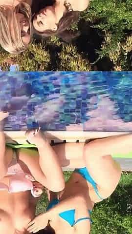 Juggy brunette whore can sunbathes by the pool and lick girlfriend's wet holes