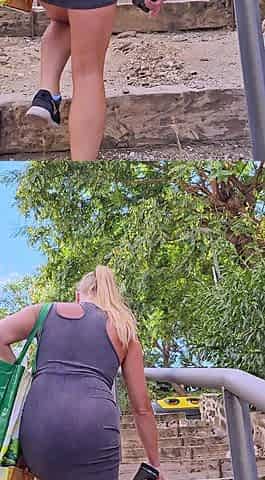Neighbor walking in park and stairs without underwear -