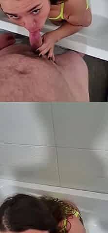 BBW milf with huge tits and tattoos takes a golden shower