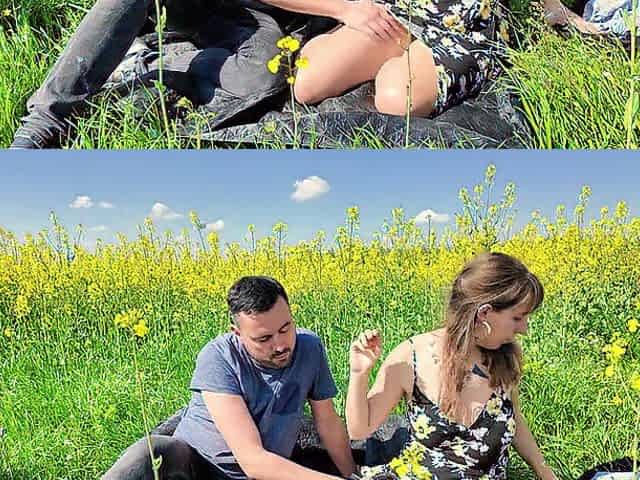 Romantic doggy le in a field