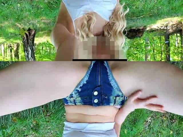 Hot student flashes melons and fingering twat in public outdoors