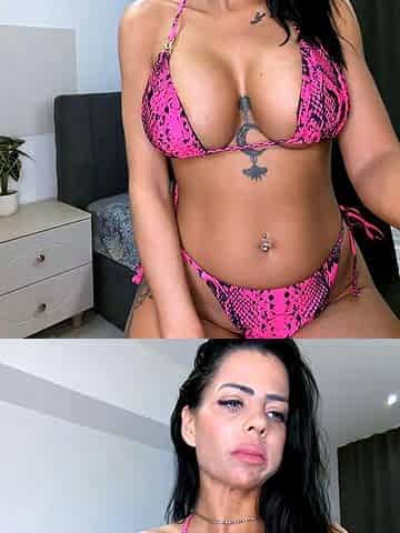 Busty Brunette in Pink Bikini Solo