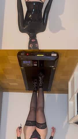 Hot Girl in Latex, String and Stockings Practice with New High Heels on Treadmill