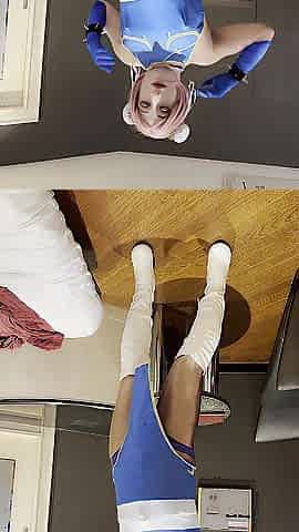 Female mask cosplayer dances with booty open pants. Truly it's nipp masturbation!