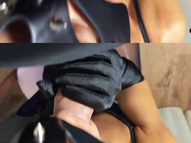 Seduced her beau with her leather dress and let him jism on her knockers - greatest XXX! Seduced her boychum in leather, got jiz