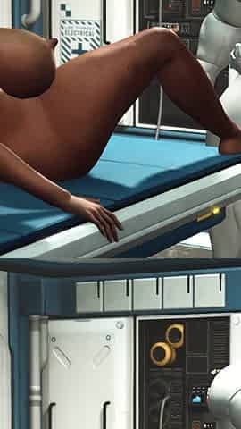 A sexy young busty ebony has hard anal sex with sex robot in the medbay