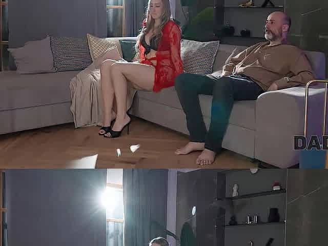 Brunette teen sneaks behind her bf's back and fucks his dad