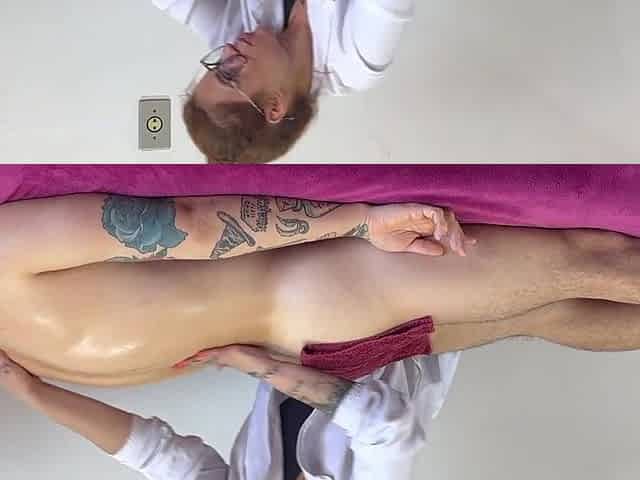 Seductive masseur babe gives the great handjob to her client during the session
