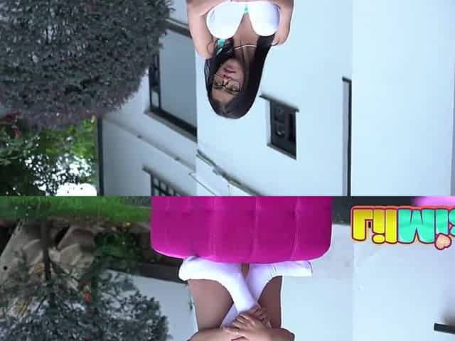 Sexy small teen wench Lil Mia rides a dong in the garden