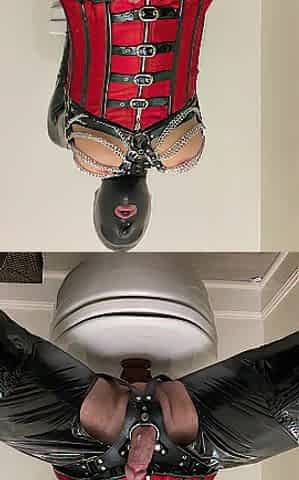 Latex sissy doll riding sex-toy and masturbating