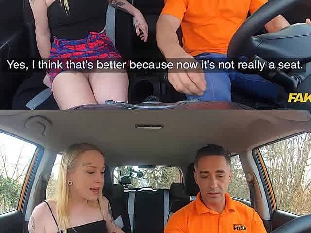 Fake Driving School Tattooed honey rides a large knob in a public place