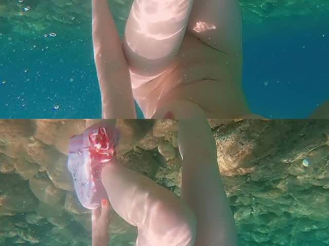 Ginger Gal with Big Natural Tits and Perfect Body Swimming Naked in Sea