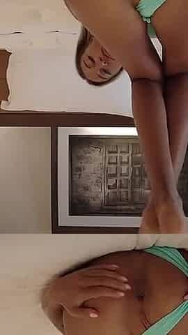 Wonderful Monika Fox strip and posing on the bed in sky blue top