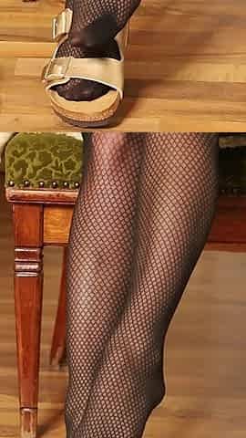 Dangling in Fishnet Stockings - Golden Double Strap Slides
