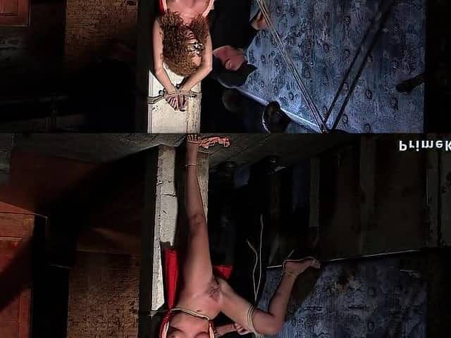 Hirsute redhead caned in hogtie suspension (Roxanne Rae)