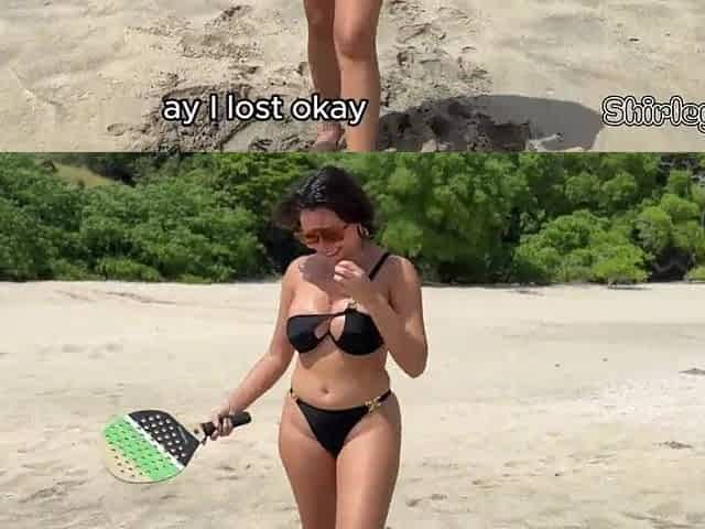 BREASTY mother I'd like to fuck loses a wager and has to PAY up right on the BEACH.