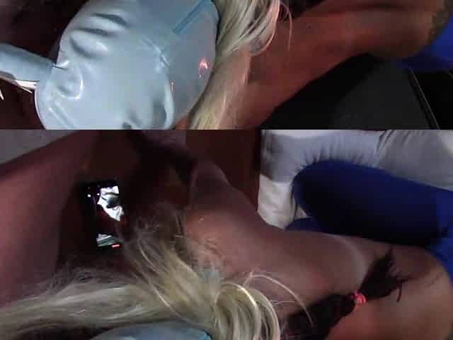 Sucking a dick on my knees, wearing a mask with golden-haired hair, hose and high heels