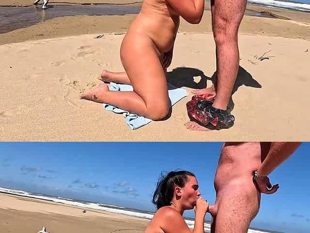 Public beach blowjob and handjob with a kinky brunette slut
