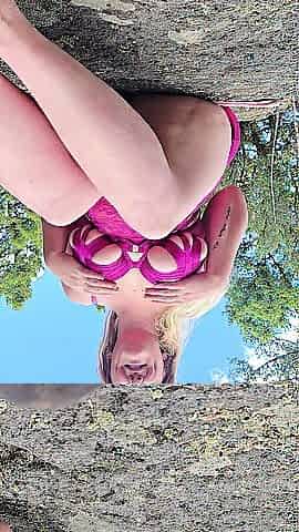 Pt. 1 blond in pink underware squirting on feet in woods