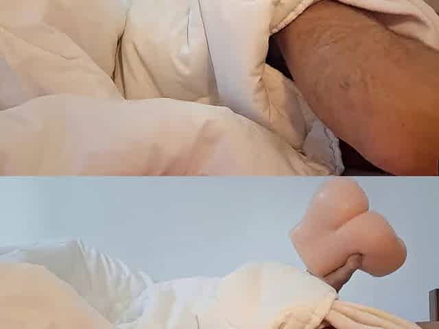 Hot dude moving his thighs banging a fake butt in couch until that guy cums