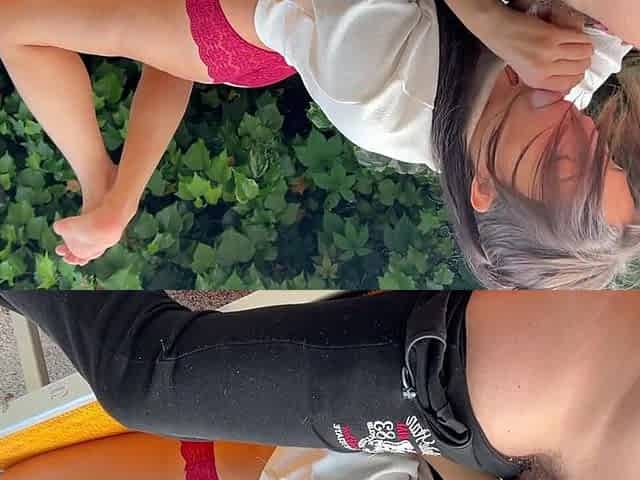 Small brunette hair do a oral job feet pose unfathomable and juicy in the garden to her large ramrod boyfriend
