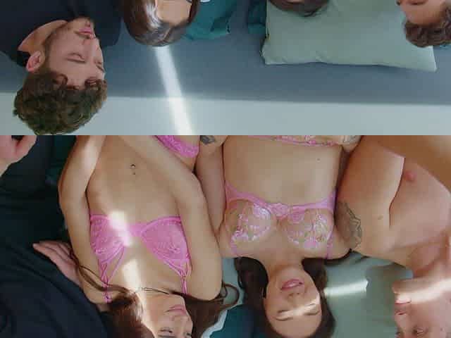 Two girls with slender bodies and two guys with big dicks indulge in a wild foursome fuckfest