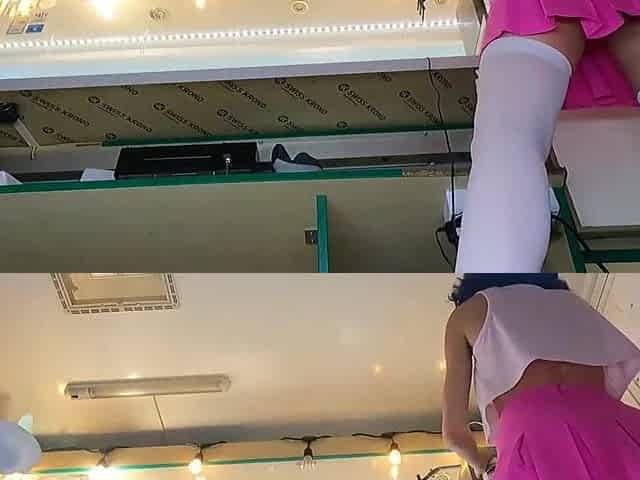 Hawt brunette hair hottie singing and dancing with exposed booty at work