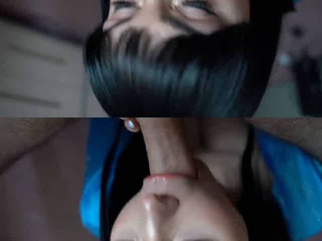 Slim brunette BJ's pecker and guzzles jizz - amazing porn!