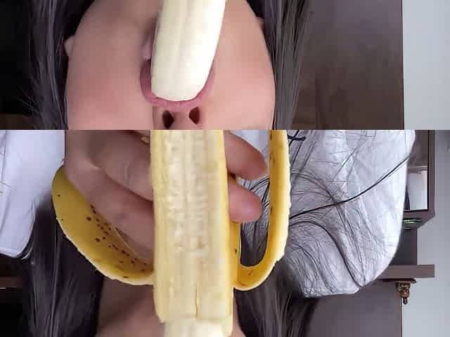 Nasty Teen 18+ Brunette Hair Is Masturbating With A Banana And Groaning From Joy Whilst Cumming