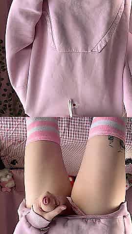 Soft Tummy Femboy in Pink Hoodie Jerks His Giant Leaky Weenie