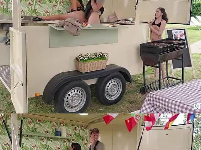 Outdoor FFM at the Food Stand With 2 Latin babe Chicks and the Stud Behind the Counter