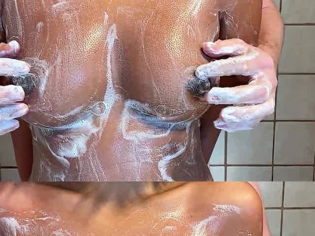 Soaping her PICTURE-FLAWLESS BAZOOKAS - Large teats + Tugjob