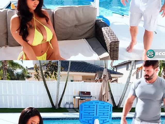 Busty bikini beauty Lollypop G Cup seduces the pool cleaner and rides him hard