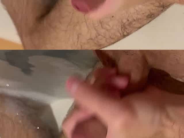 A youthful man masturbates his eighteen-centimeter dick in the washroom