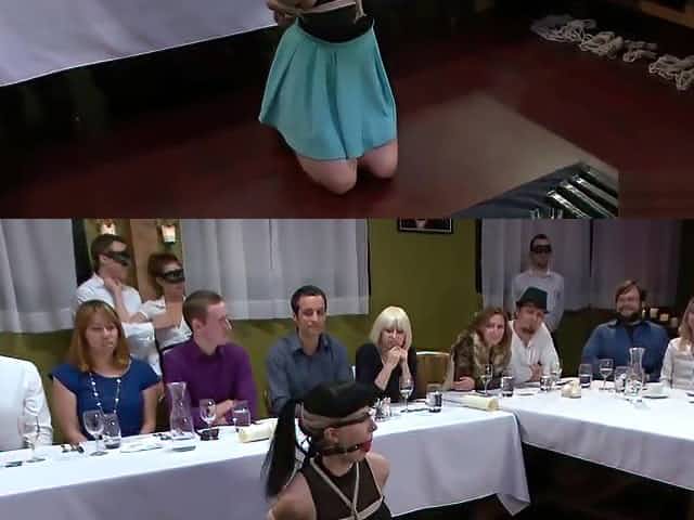 Brunette fucked in suspension in public