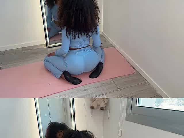 "twenty one yo curvy queen does yoga in a constricted blue outfit "
