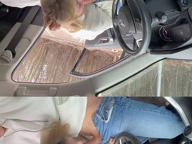 Blonde teen gives lucky cock best bj in the car - Amateur