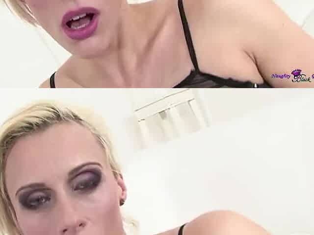 After dildoing her taut dark hole the lewd blond enjoys a trio with a hard BBC