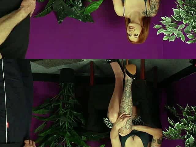 Ginger inked voyeur teasing dude