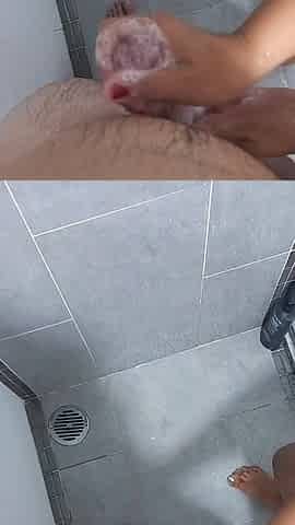 Sensual Red Nails Soapy Shower Handjob