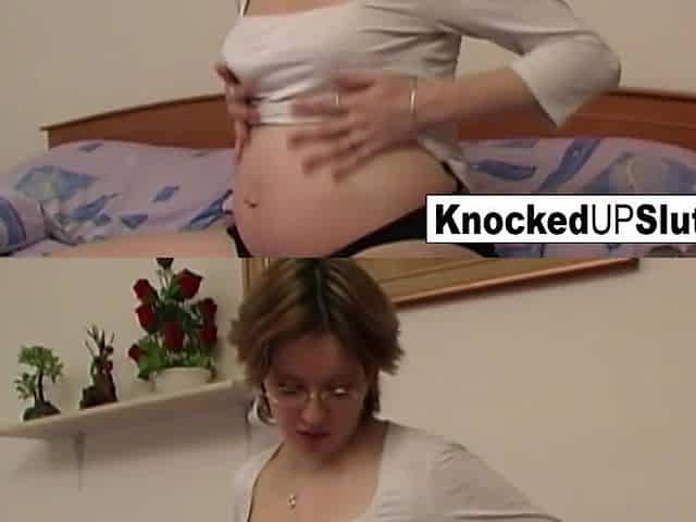 Knocked Up Sluts : Pregnant brunette in glasses toys both her holes