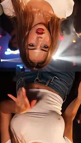 Brunette in see-through tee teases neon club oral