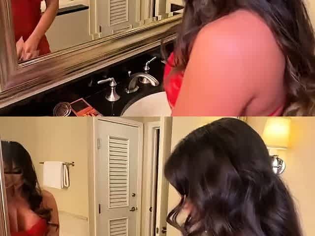 Hot blonde teen in red latex outfit masturbates with dildo